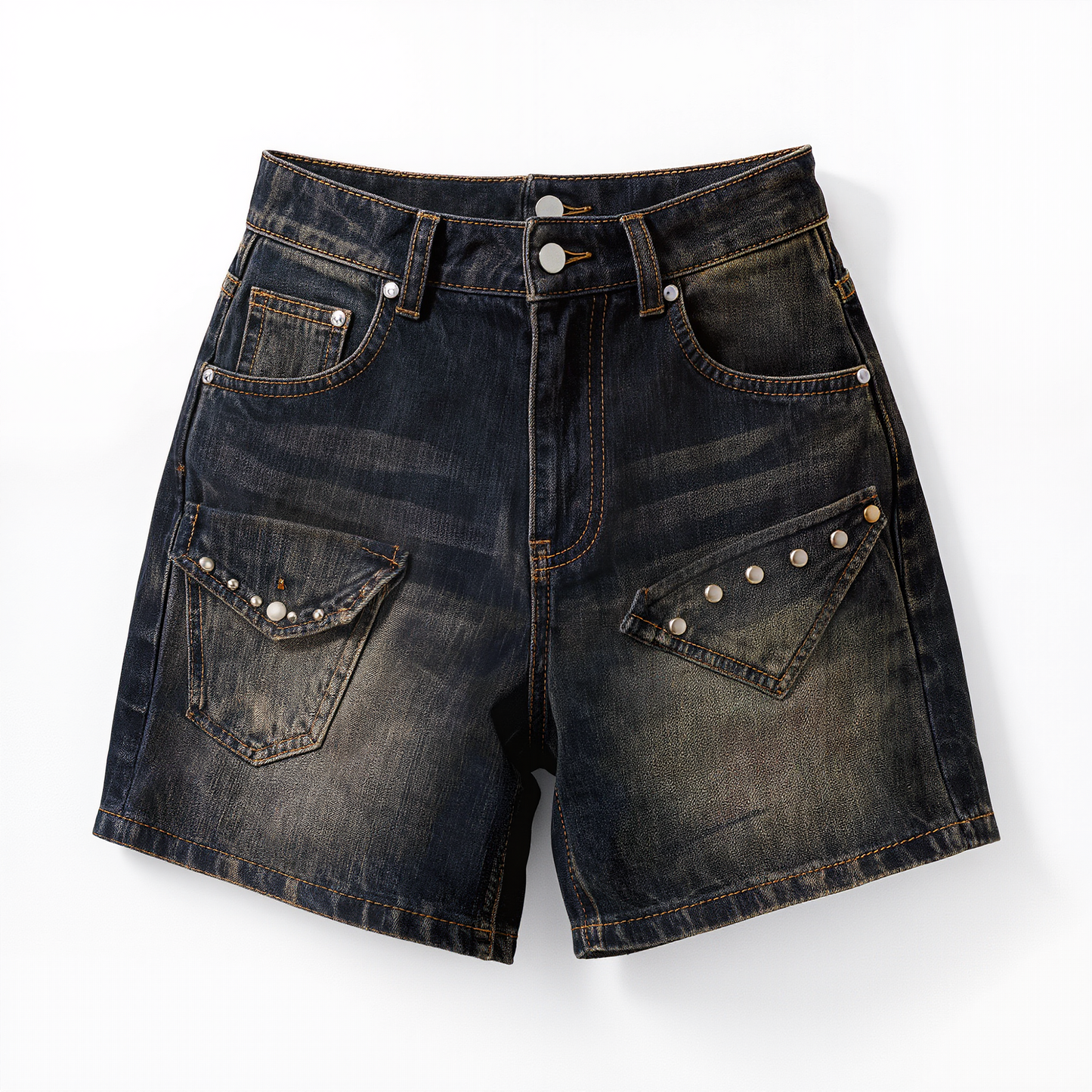 Vintage Washed High Waisted Denim Shorts with Pearl Accents