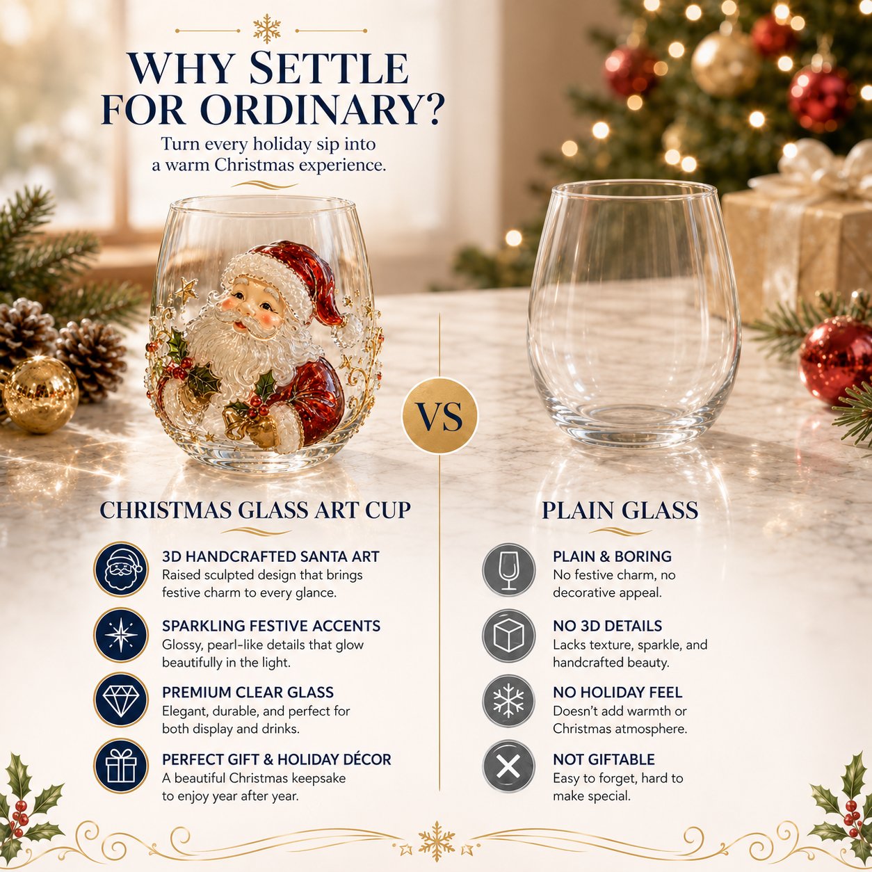 🎄✨ 3D Christmas Glass Art Cup | Luxury Raised Holiday Glassware for Drinks. Decor & Christmas Gifts 🎁