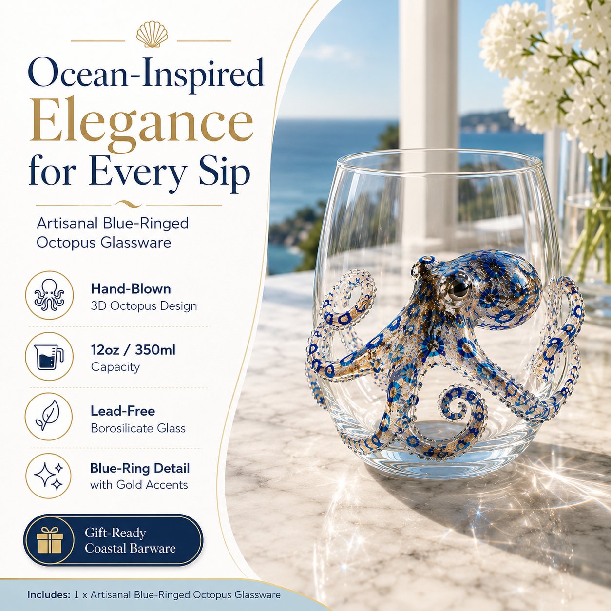 🎉🌊Artisanal Blue Ringed Octopus Glassware