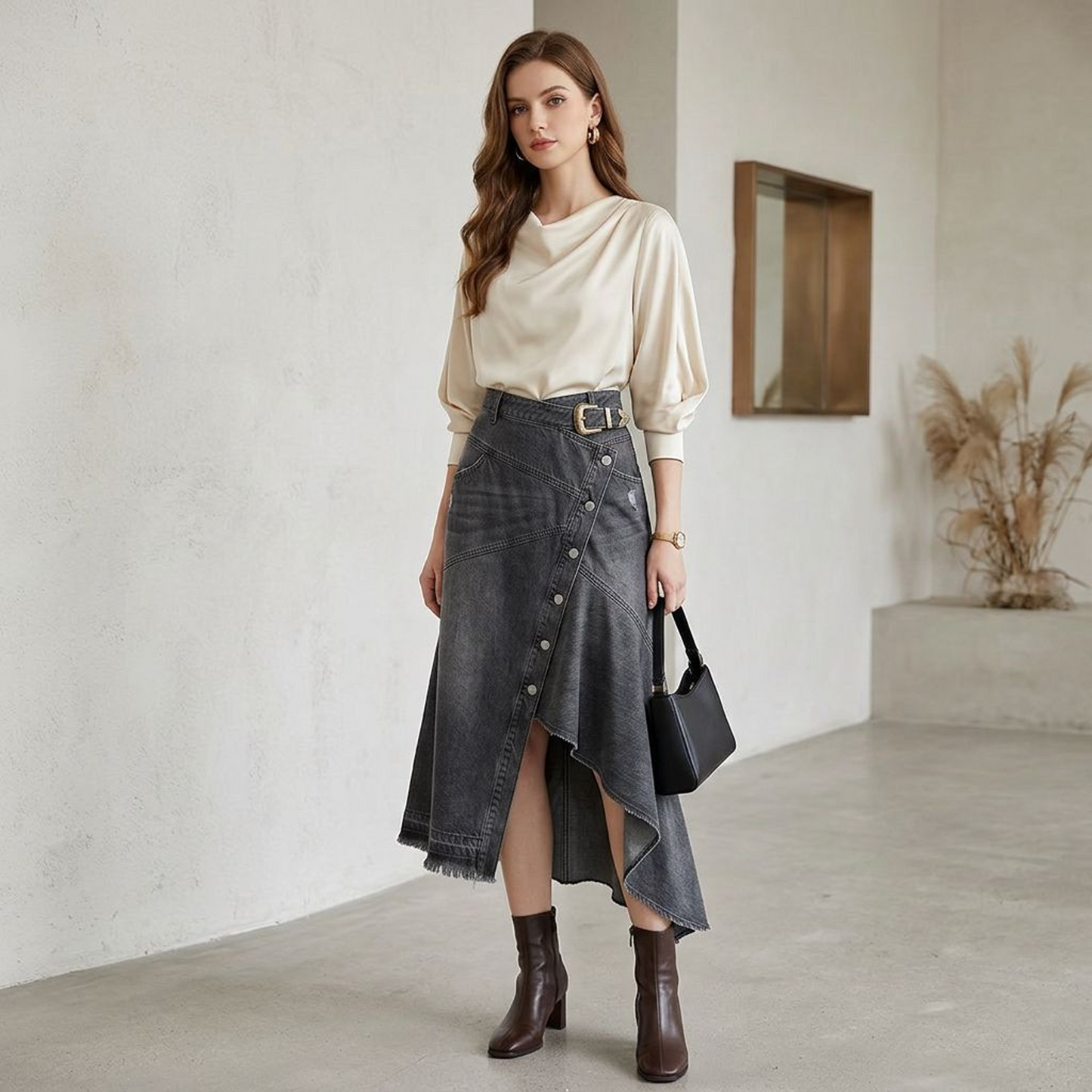 Asymmetric Wrap Mini Skirt with Studded Belt Detail