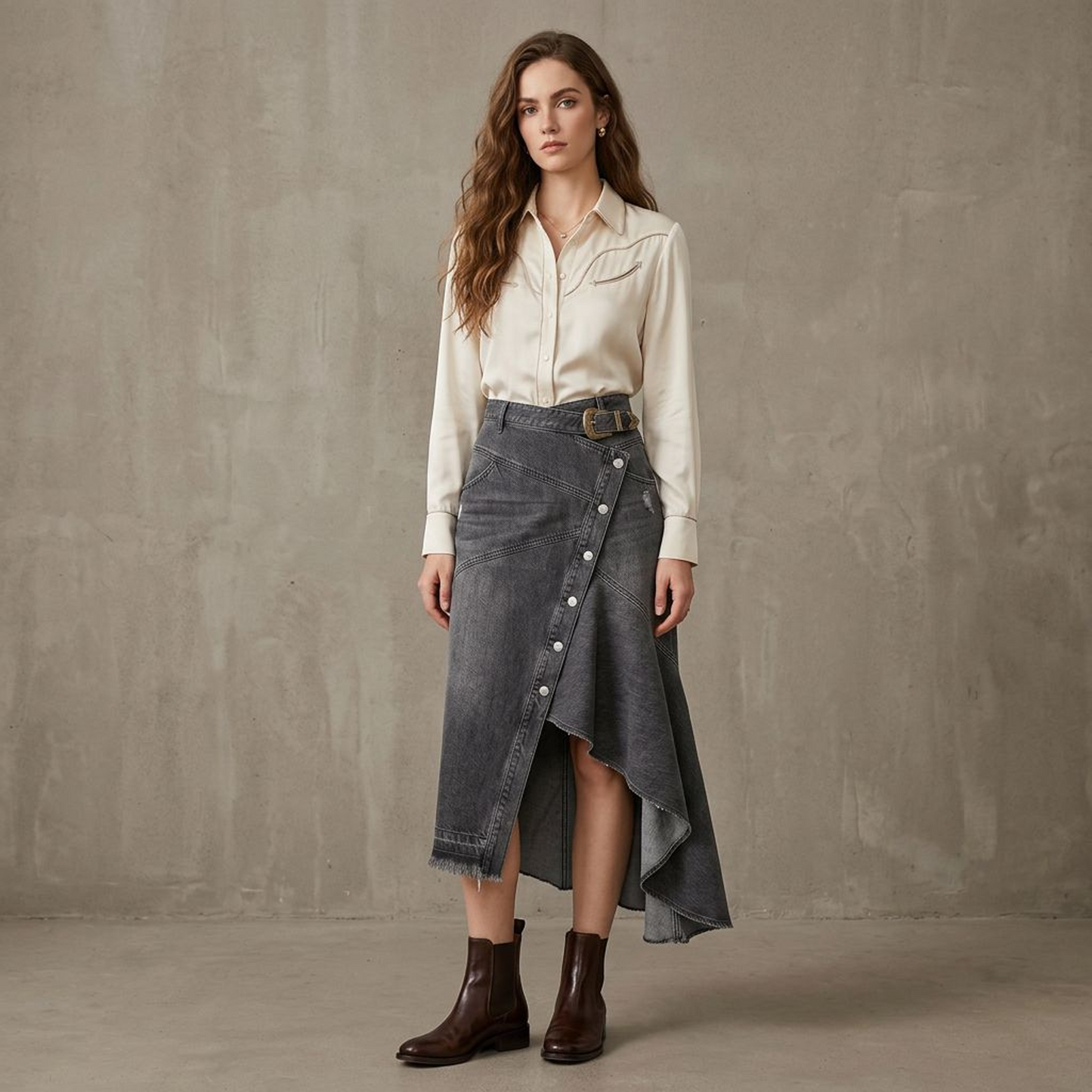 Asymmetric Wrap Mini Skirt with Studded Belt Detail