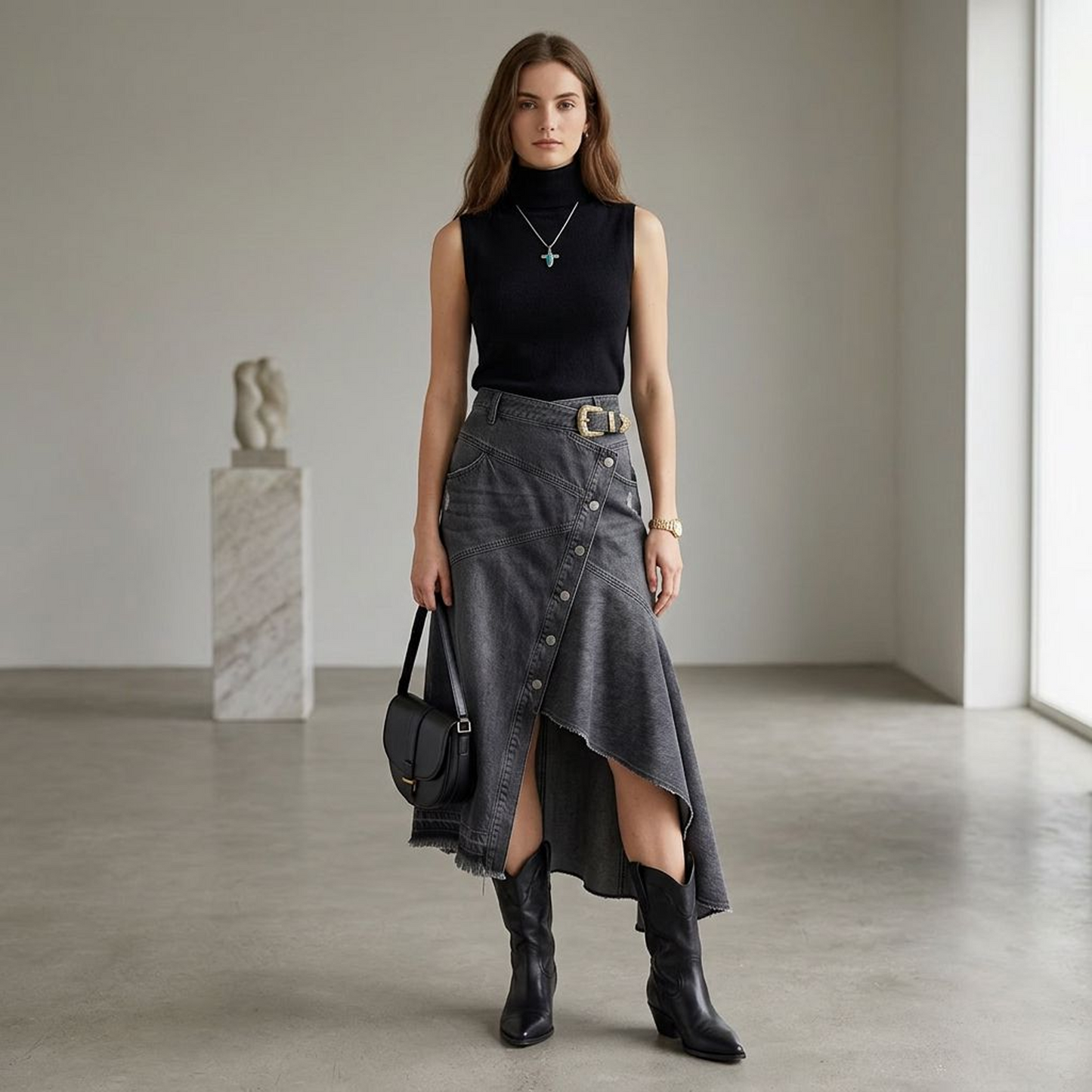 Asymmetric Wrap Mini Skirt with Studded Belt Detail