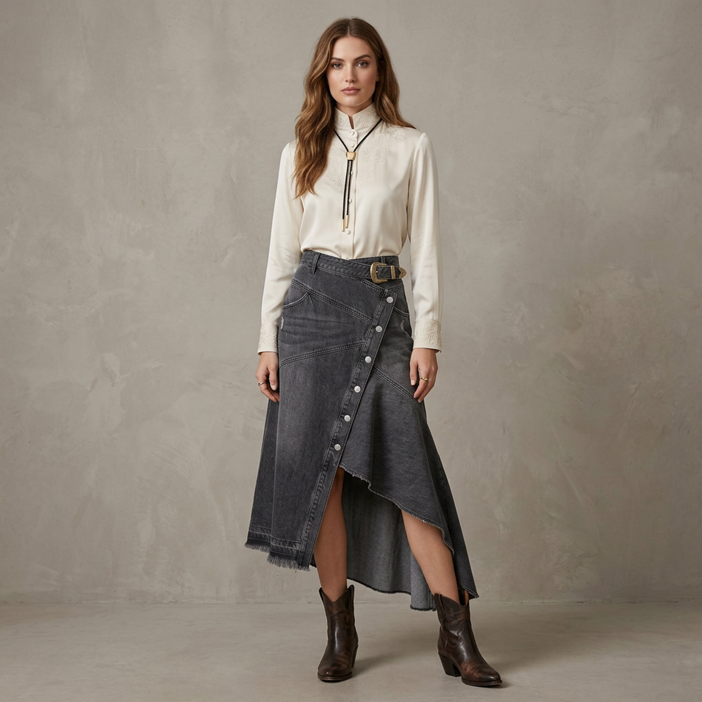 Asymmetric Wrap Mini Skirt with Studded Belt Detail