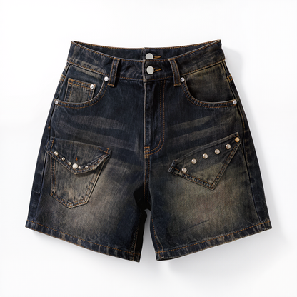 Vintage Washed High Waisted Denim Shorts with Pearl Accents