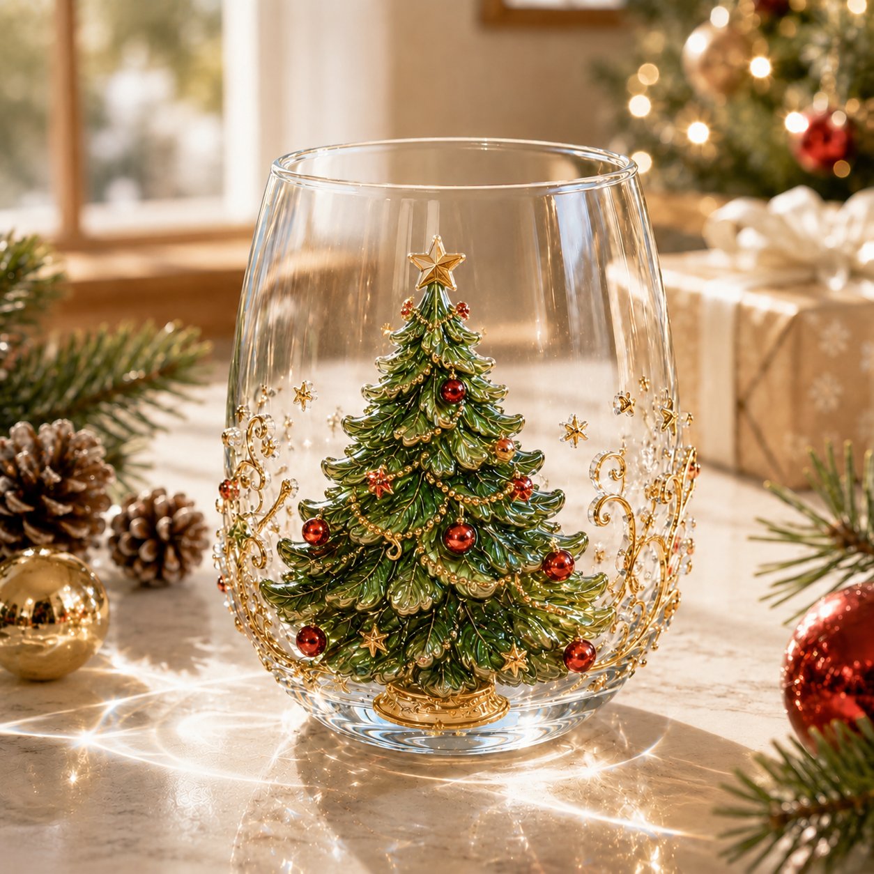 🎄✨ 3D Christmas Glass Art Cup | Luxury Raised Holiday Glassware for Drinks. Decor & Christmas Gifts 🎁