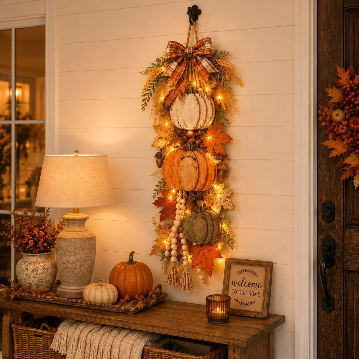 🎉🏡🎃Rustic Wooden Pumpkin Door Hanging with Warm LED Lights