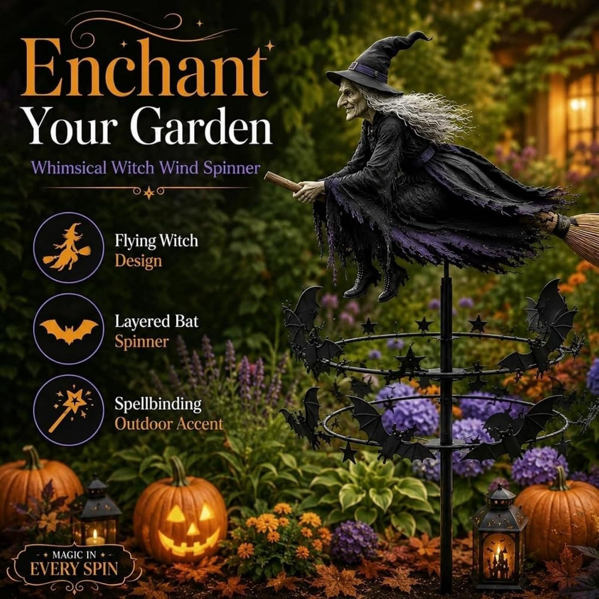 Enchanted Witch Garden Wind Spinner – Where Witches Fly and Bats Dance