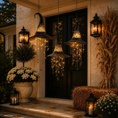 🧙‍♀️ Lighted Witch Hat Hanging Chime ✨ Battery-Powered Halloween Décor with Remote Control