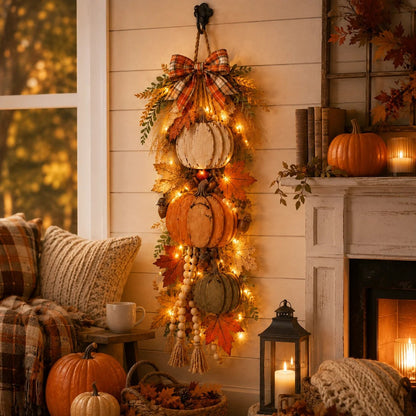 🎉🏡🎃Rustic Wooden Pumpkin Door Hanging with Warm LED Lights