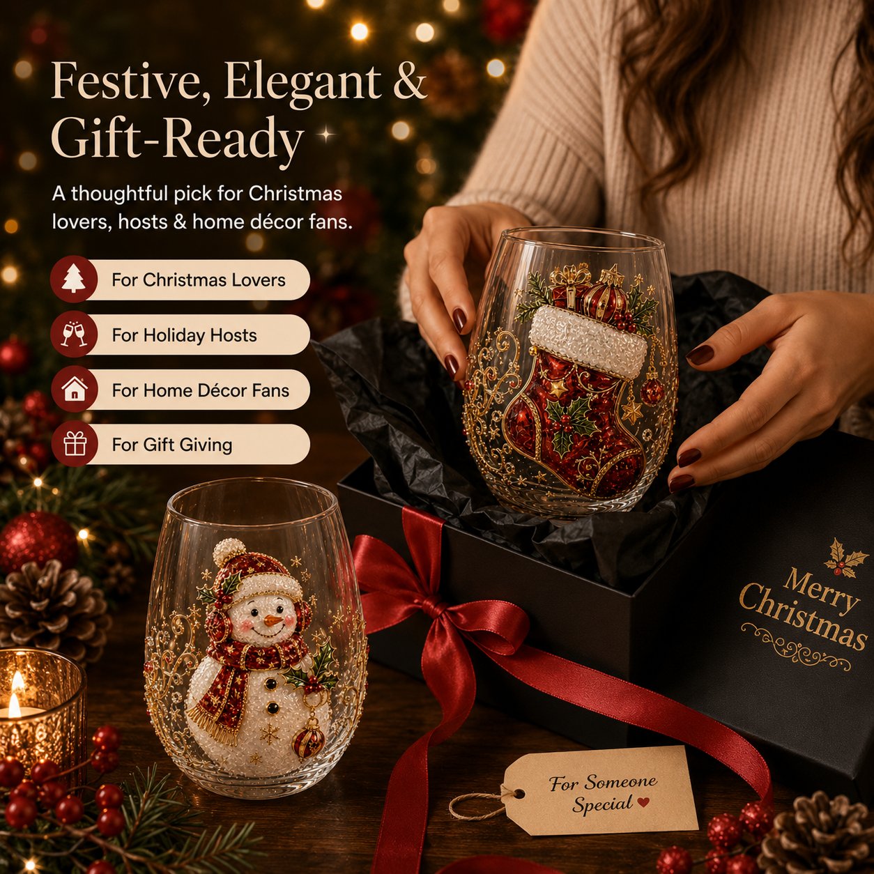 🎄✨ 3D Christmas Glass Art Cup | Luxury Raised Holiday Glassware for Drinks. Decor & Christmas Gifts 🎁