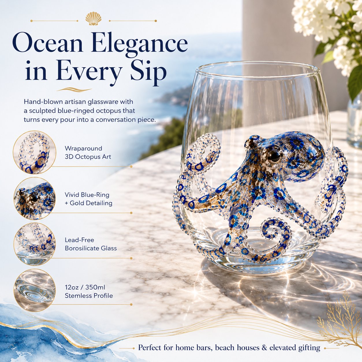 🎉🌊Artisanal Blue Ringed Octopus Glassware