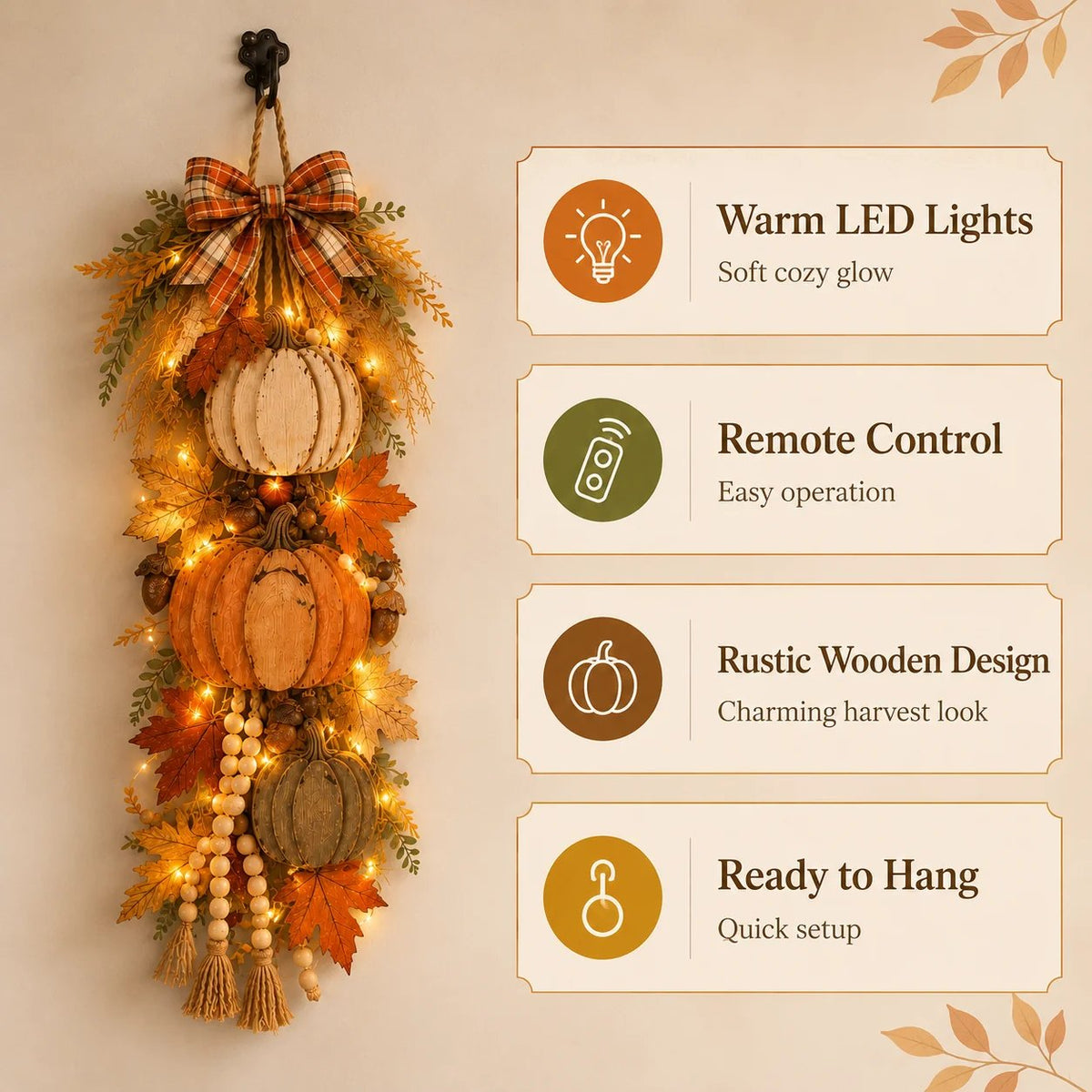 🎉🏡🎃Rustic Wooden Pumpkin Door Hanging with Warm LED Lights