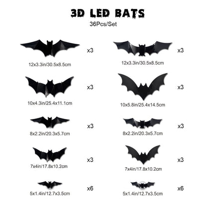 3D LED Glowing Bat Wall Decorations – Halloween Flying Bat Swarm Set