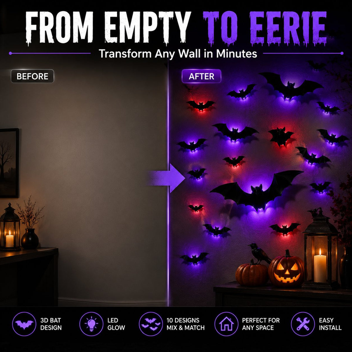 3D LED Glowing Bat Wall Decorations – Halloween Flying Bat Swarm Set