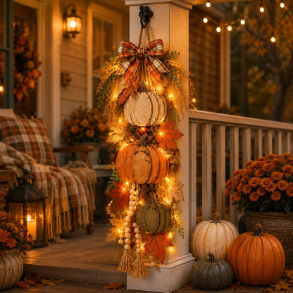 🎉🏡🎃Rustic Wooden Pumpkin Door Hanging with Warm LED Lights