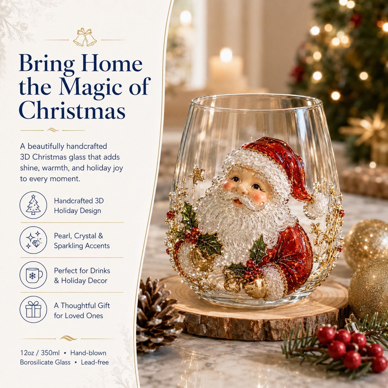 🎄✨ 3D Christmas Glass Art Cup | Luxury Raised Holiday Glassware for Drinks. Decor & Christmas Gifts 🎁