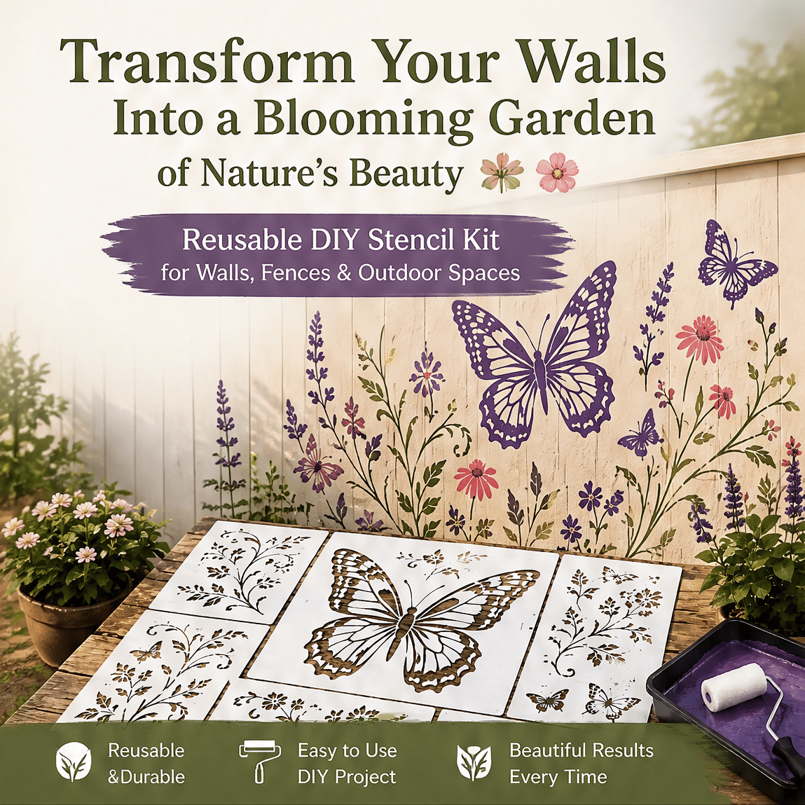 🌿 Garden Wall Stencil. Reusable DIY Kit for Walls. Fences & Patios