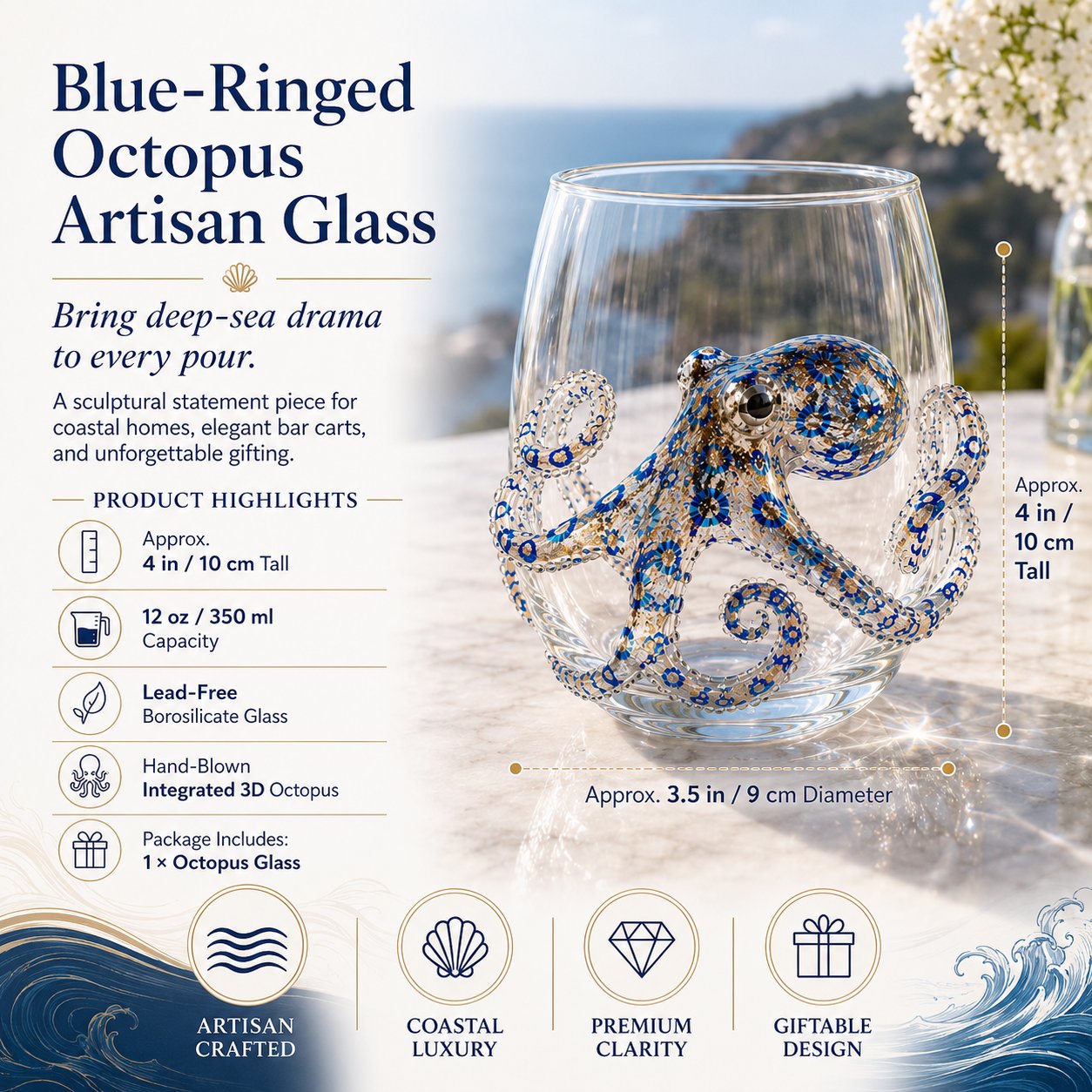 🎉🌊Artisanal Blue Ringed Octopus Glassware