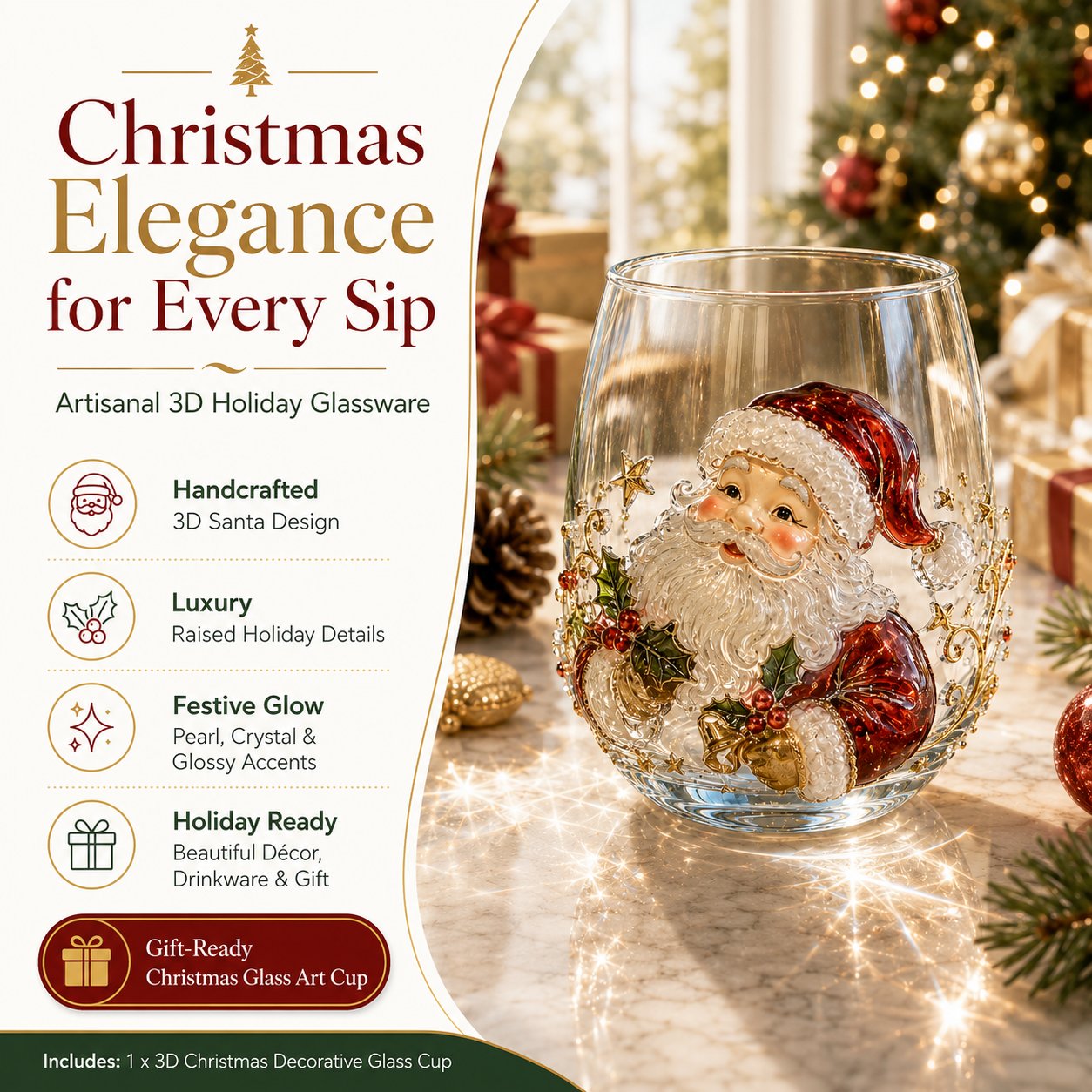 🎄✨ 3D Christmas Glass Art Cup | Luxury Raised Holiday Glassware for Drinks. Decor & Christmas Gifts 🎁