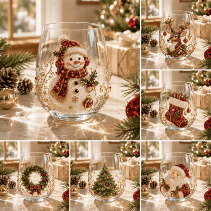 🎄✨ 3D Christmas Glass Art Cup | Luxury Raised Holiday Glassware for Drinks. Decor & Christmas Gifts 🎁