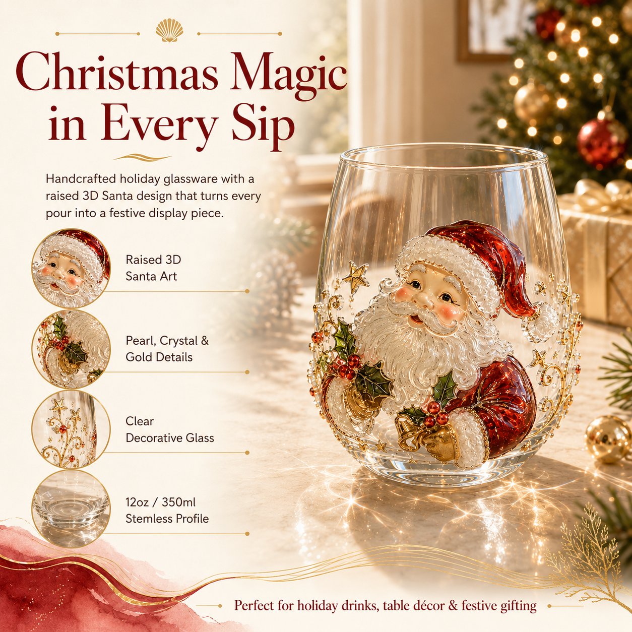 🎄✨ 3D Christmas Glass Art Cup | Luxury Raised Holiday Glassware for Drinks. Decor & Christmas Gifts 🎁