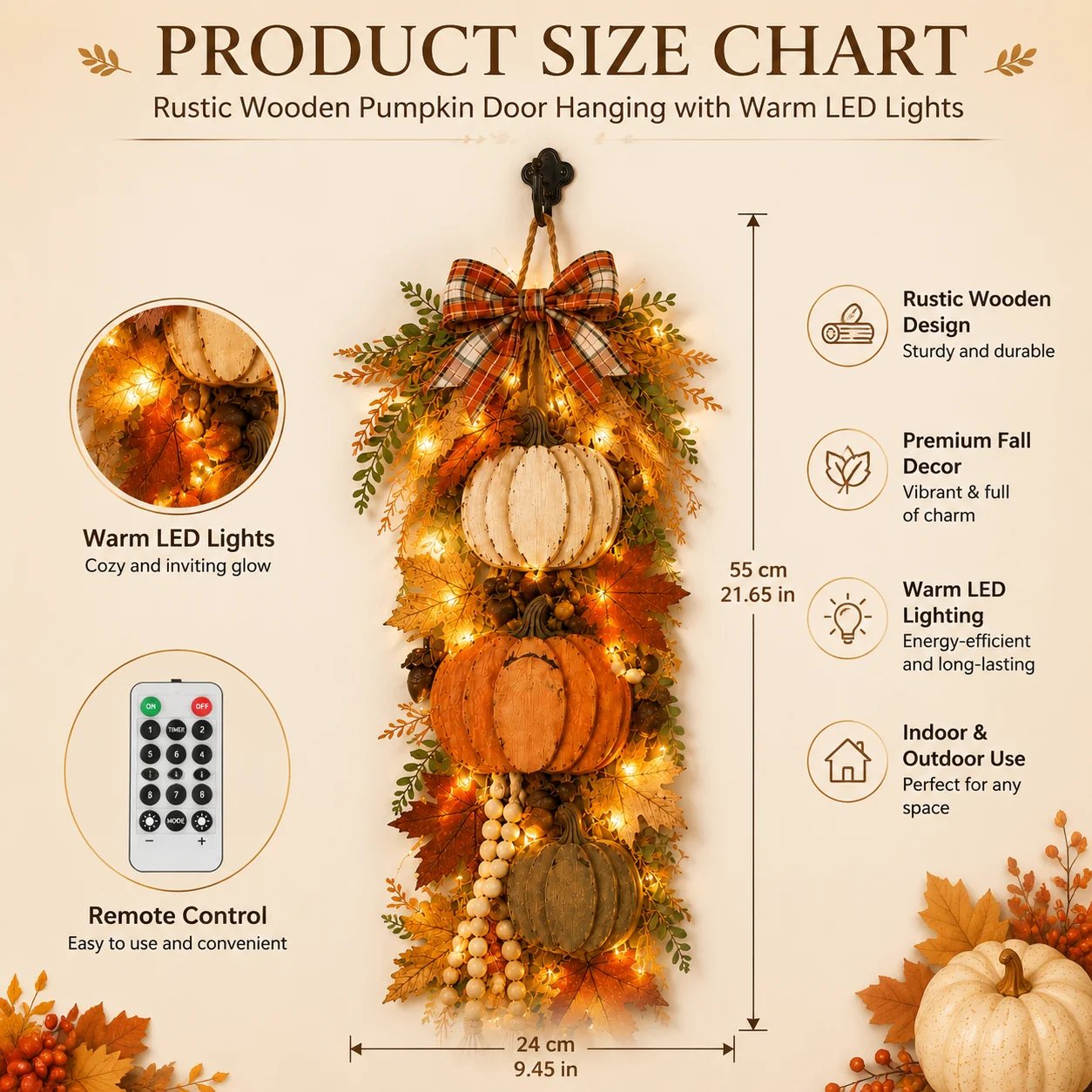 🎉🏡🎃Rustic Wooden Pumpkin Door Hanging with Warm LED Lights