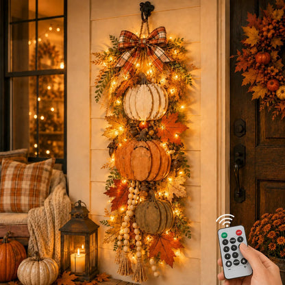 🎉🏡🎃Rustic Wooden Pumpkin Door Hanging with Warm LED Lights