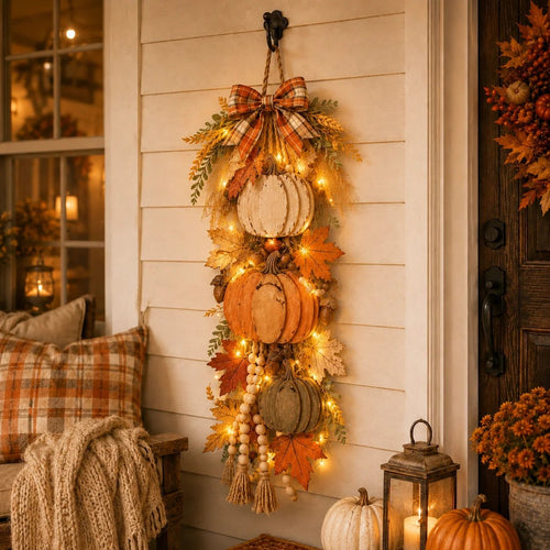 🎉🏡🎃Rustic Wooden Pumpkin Door Hanging with Warm LED Lights